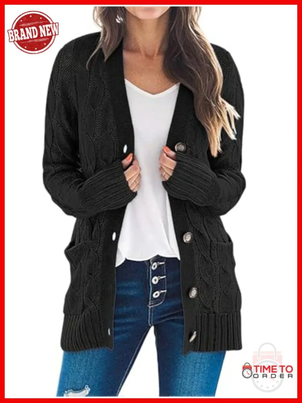 Cardigan Sweater for Women Cable Knit Open Front Button Chunky Long Sleeve